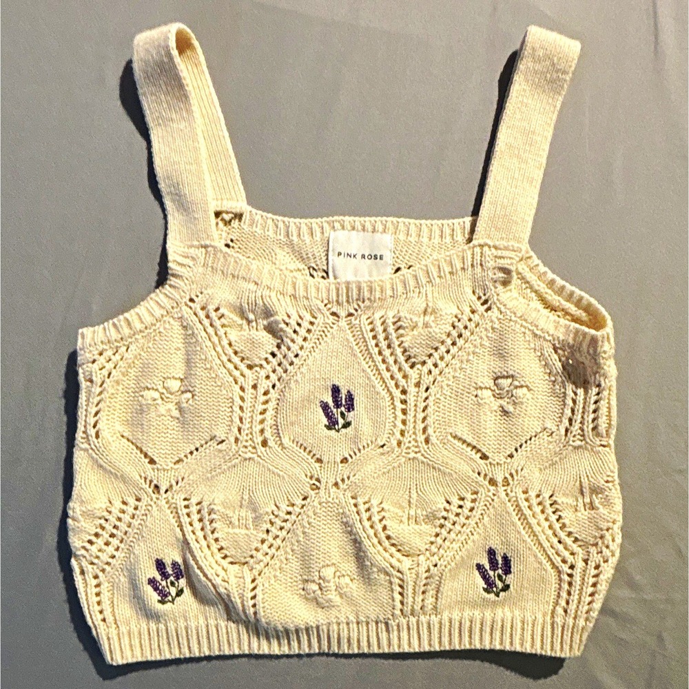 Pink Rose Cream Pointelle Knit Tank Top Embroidered Lavender Floral Medium